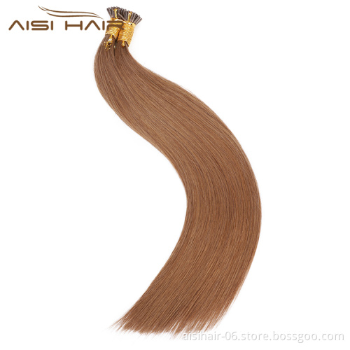 Aisi Hair 10A Unprocessed Color 6# Human Hair Double Drawn Pre Bonded Keratin I Tip Human Hair Extension For Women